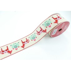 2.5 Natural Wired Ribbon With Pennsylvania Dutch Style Ponies and Flowers along with Red Edges, 25 Feet Per Spool (Lot of 1 Spool) SALE ITEM